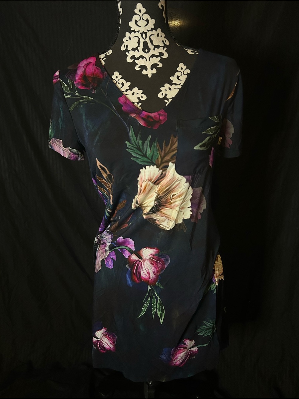 Soma Navy Floral Top with Pink & Purple Blooms